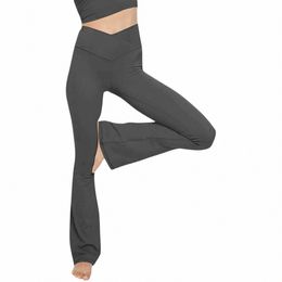 2024 Lg Pants Women Fi Trousers Solid Elastic Leggings Flare Bottoms High Waist Wide Leg Athletic Yoga Bell Pants Summer r97R#