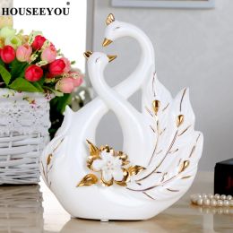 Sculptures Ceramic White Couple Peacock Figurines Swan Crafts Gold Plated Statues Valentine's Day Wedding Home Decoration Desk Accessories