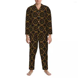 Home Clothing Retro Mandala Sleepwear Autumn Gold Floral Print Vintage Oversized Pyjamas Set Mens Long Sleeve Soft Graphic Nightwear