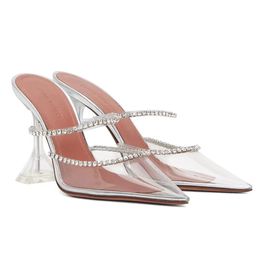 Elegant Women Amina Muaddi Sandals Shoes Gilda Crystal-embellished Leather Lady Mules Party Wedding Martini Heels Factory Footwear Walking