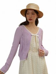 dushu Round Neck Lace Up Design Women Gentle Spring Cardigans Ctrast Colour Women Short Knitting Tops Full Sleeve New Cardigan 47bA#