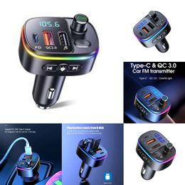 Upgrade Car FM Transmitter Bluetooth-compatible Vehicle Battery Chargers 5.0 Handsfree Mp3 Player PD Type C QC3.0 USB Fast Charge Colorful Light Accessories T65