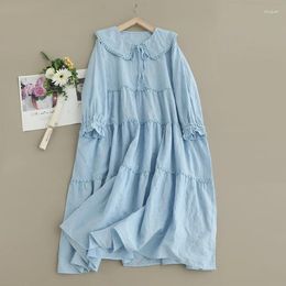 Casual Dresses Spring Sweet Solid Embroidered Lapel Cotton Dress Women Pockets Long Sleeve Midi WH0319-03