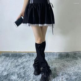 Women Socks Girl Gothic Punk Black Harajuku Lace-Up Bandage Calf Ruffled Lace Hem Foot