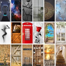 Stickers Red Phone Booth Door Decoration Stickers Wallpaper Shabby Wooden Doors Square Yellow Brick Home Decor Selfadhesive Poster Decal