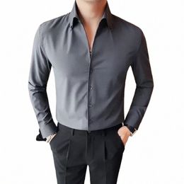 2023 Autumn Slim Fit V Neck Lg Sleeve Shirt Men Busin Casual Solid Blouse Male Office Social Dr Shirt Plus Size 5XL-M Z23E#