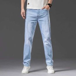 Men's Jeans Plus Size 40 42 44 Mens Light Blue Jeans Spring/Summer Loose Straight High Grade Elastic Thin Denim Pants Mens Brand Clothing J240328