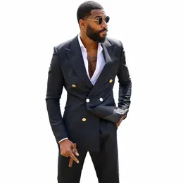 fi Black Men Suits Elegant Peak Lapel Double Breasted 2 Piece Formal Smart Casual Wedding Tuxedo Slim Fit Blazer with Pants M1ZI#
