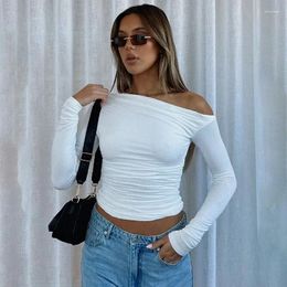 Women's T Shirts Autumn Solid T-shirt Fashion Women Casual Long Sleeve Pleated Shirt Sexy Tops Soft Tees Female Clothes 29847