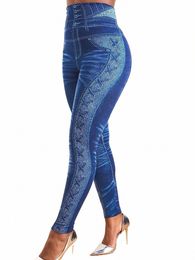 plus Size High Waist Faux Denim Jean Leggings Slim Elastic Seaml Skinny Pencil Pant Female Workout Running Leggings D1kg#