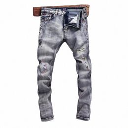 fi Designer Men Jeans High Quality Retro Gray Blue Stretch Slim Fit Ripped Jeans Men Embroidery Vintage Denim Pants Hombre l9CE#