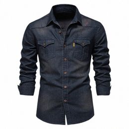 2023 Men's Lg Sleeve Shirt Spring Autumn Denim Blouses Pocket Decorati Lapel Butt Casual Shirt Quality Clothing Plus Size r0Hx#
