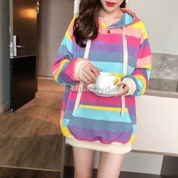 Women's Hoodies Sweatshirts Rainbow Striped Women Hooded Pockets Loose Pullovers Oversized Casual Harajuku Outwear Kawaii Korean Y480 24328