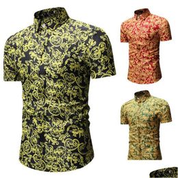 Mens Casual Shirts Men Silk Shirt Flower Print Fashion Summer Short Sleeve Quality Hawaiian Dress Clothing Camisa Mascina Drop Deliver Dhkc2