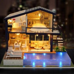 Miniatures DIY DollHouse Miniature House Doll House With Pool Wooden Manual Assembly Home Decoration Holiday Birthday Gift