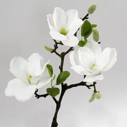 Decorative Flowers 3 Heads Artificial Magnolia Real Touch Silk Bouquet Long Branch Fake Plant Living Room Home Wedding Arrangement Decor