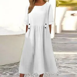 Casual Dresses Women Summer Dress O Neck Loose A-line Short Sleeves Solid Colour Pockets Button Decor Pleated Mid-calf Length Midi