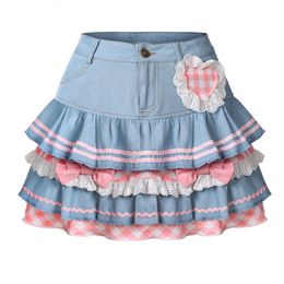 Y2k Kawaii Denim Skirt Mini Party Sweet Ball Gown Aesthetic High Waist Skirts 4 Layer Ruffle Cake Skirts E Girls Summer Skater 240314