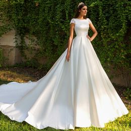 Nova listagem vestidos de noiva de manga curta miçangas apliques ilusão volta frança cetim vestidos de casamento de boda