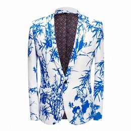 mens Party Casual Blazer Print Blue Bamboo Pattern Design Slim Fit Men's Clothing Printed Suit Jacket Men's Wedding Dr Coat v3Hz#