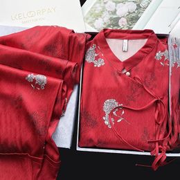 Women's Sleepwear Red Chinese Style Pyjamas Set Long Sleeve Homewear Satin Jacquard Nightwear Loose Top&pants 2Pcs Pijamas Women