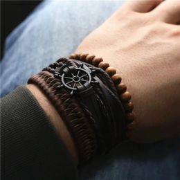 Charm Bracelets Rudder Leather Men Wood Beads Bangle 4 Pcs/Set Handmade Homme Male Jewelry