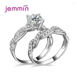 Cluster Rings Real 925 Sterling Silver Twist Sets Clear CZ Crystal Women Lady Authentic Original Jewelry Gift 2pcs/set