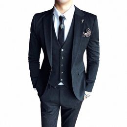 s-7xl Jacket+Vest+Pants Fi Boutique Formal Busin Mens Suit 3pcs Set Groom Wedding Dr Stripes Suit Show Stage f2vs#