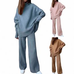 m-5xl 2 Pieces Sweatshirt Pants Set Knitting Lg Sleeves Pullover Loose Oversized Plus Size Wide Leg Winter Knitted Tracksuit b7lm#