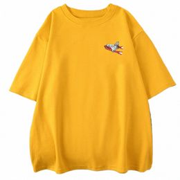 Bianco Giallo Astronave Stampe Uomo Cott Manica corta Creatività Oversize Casual Top O-Collo Abbigliamento completo Uomo T-shirt 838S #