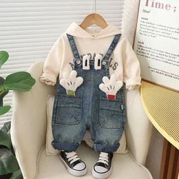 Clothing Sets 2024 Autumn Designer Baby Girl And Boy Clothes 1 To 2 Years Cartoon Long Sleeve Hooded Hoodies Denim Overalls Kids Outfit Set