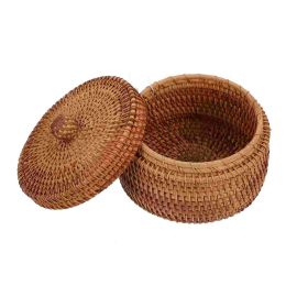 Baskets Basket Storage Rattan Woven Baskets Lid Round Wicker Box Boxes Fruit Tray Sundries Decorative Lids Mini Snack Organiser Bowl