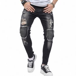 hip-hop Men's Motorcycle Biker Jeans Fi Ripped Hole High Street American Retro Patchwork Stretch Slim Denim Trousers F9de#