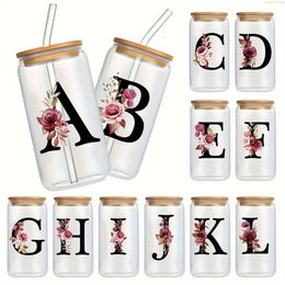 Chic 16oz Alphabet Flower Iced Coffee Glass Cup with Lid & Straw - Customizable, Reusable Tumbler for Her, Perfect Gift
