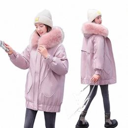 pink Parkas Winter Jacket Women Big Fur Collar Hooded Down Cott Coat Mid Length Thickened Loose Warm Large Size Overcoat Z3269 F5xO#