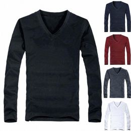 casual Men Solid Color Lg Sleeve V Neck Cott Pullover Slim T-shirt F0IV#