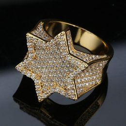 Ring mit echtem Gold, Weißgold, Mintgrün, Iced Out, kubischer Zirkonia, sechseckiger Stern, Bling-Diamant, Street-Rapper-Ring 249P