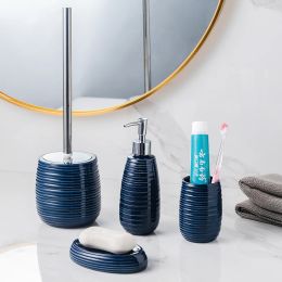 Sets Blue Ceramic Bathroom Kit Wash Set Mouth Cup Lotion Bottle Soap Dish Toilet Brush Bathroom 4Piece Set Decoration Accessories