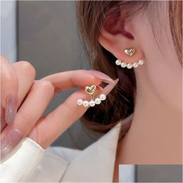 Stud New Elegant Metal Heart-Shaped Back Hanging Pearl Earrings Korean Fashion Jewelry For Woman Girls Accessories Wholesale Yme019 Dr Otveu