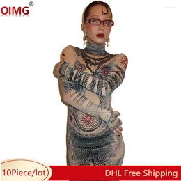 Casual Dresses 10 Wholesale Sexy Mesh Dress Women Long Sleeve Printing Midi Spring See Through Sheer Party Night Clubwear 10565