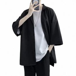 summer Men Shirt Short Sleeve Solid Colour Shirts For Man Vintage Harajuku Casual Oversized Blouses Fi Men's Clothing h3DD#