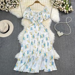 Party Dresses Floral Print Women Dress Square Collar Puff Sleev Slim Split A-Line Summer Vestidos All-Matched Female Casual Lady Frock