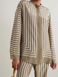 Women's Blouses Strip Shirt 2024 Silk Geometric Covered Buttons O-Neck Loose Commuter Long Sleeve Blouse