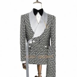 luxury Men Suit Slim Fit Fi Designs Plaid Pattern Printing Tuxedos for Men Custom Wedding Party Jacket Pants 2 Pieces Set l3R2#
