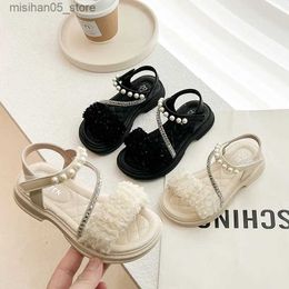 Sandals Girls Sandals 2023 Rhinestone Pearl Girls Sandals Princess Summer Girls Sandals Q240328