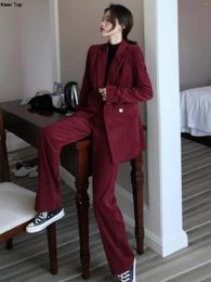 Women's Two Piece Pants Vintage Corduroy Burgundy Blazer Suits Long Sleeve Jacket Wide Leg 2 Set Mini Skirt Outfits Autumn Clothes