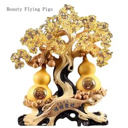 Chinese Style Exquisite Yellow Crystal Gourd Fortune Tree Living Roomoffice Cash Register Decorationopening Gift Artificial 240325