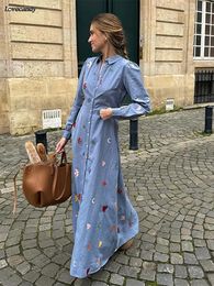 Chic Printed Single Breasted Blouse Maxi Dress Women Elegant Rurndown Collar Long Sleeved Dresses Spring Female Street Robes 240321