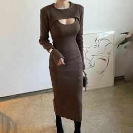 Casual Dresses Feeling Hollow Out Shawl Slim Split Straps Dress Two-piece Female Suit