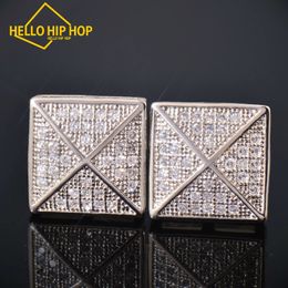 Hello hip-hop 10MM Square Stud Earring Screw Back Iced Out Cubic Zirconia Men Women Earring Gold Colour Hip Hop Jewellery Fashion Gift